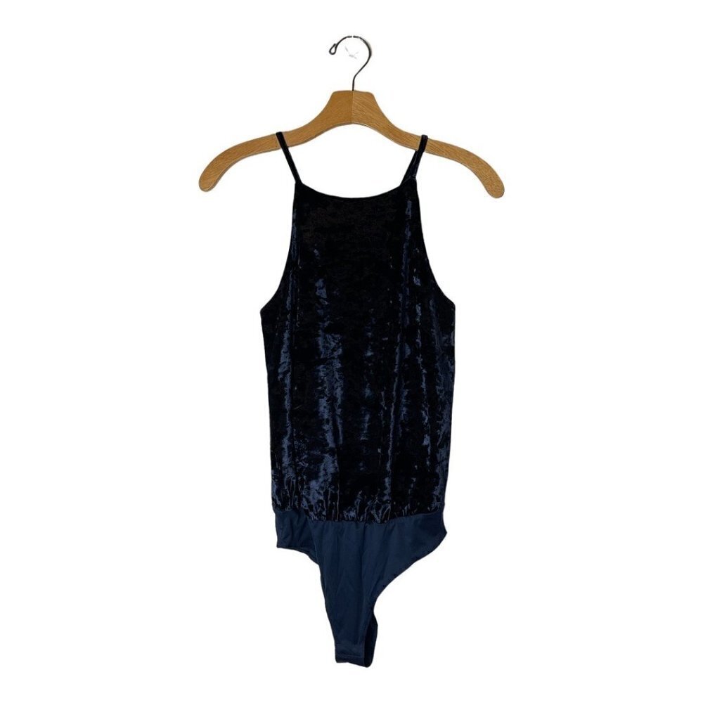 Greylin Navy Blue Velvet Spaghetti Strap Halter Neckline Clarissa Bodysuit XS - Picture 4 of 15